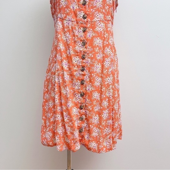 American Eagle Orange Ditsy Floral Scoop Neck Tie Waist Casual Mini Dress - Picture 3 of 9